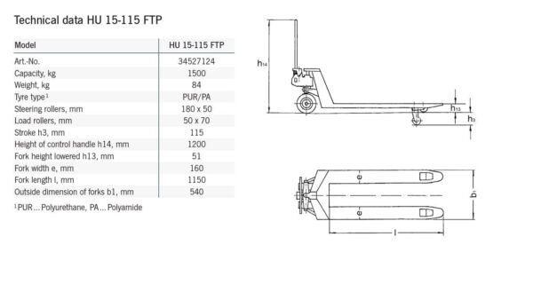 HU 15-115 FTP PROLINE Transpalette manuel avec fourches basse – Image 2